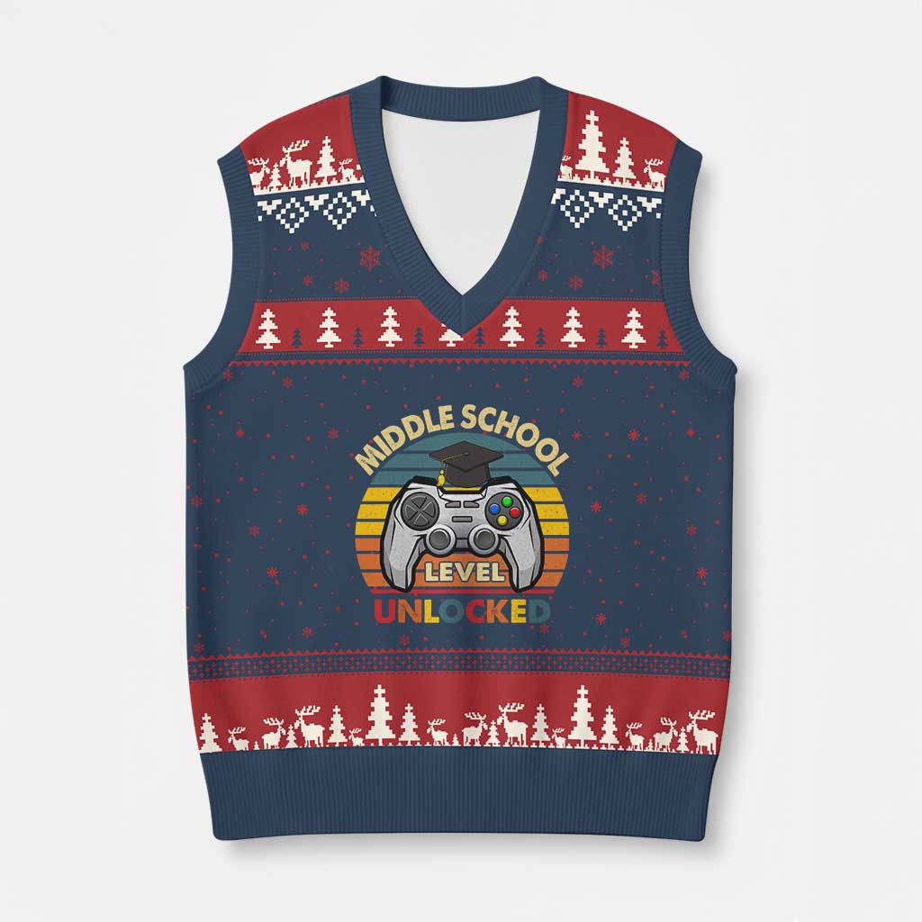 Middle School Level Unlocked V-Neck Knit Sweater Vest Funny Gamer First Day of Middle School TS01 Navy Red Print Your Wear