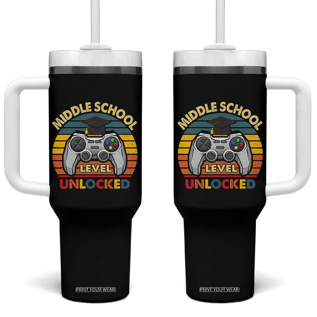 Middle School Level Unlocked Tumbler With Handle Funny Gamer First Day of Middle School TS01 One Size: 40 oz Black Print Your Wear