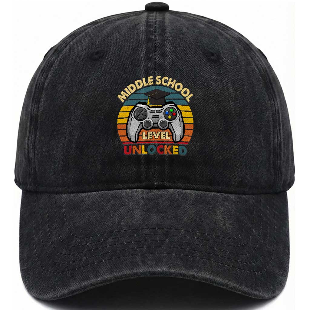 Middle School Level Unlocked Washed Cotton Baseball Cap Funny Gamer First Day of Middle School