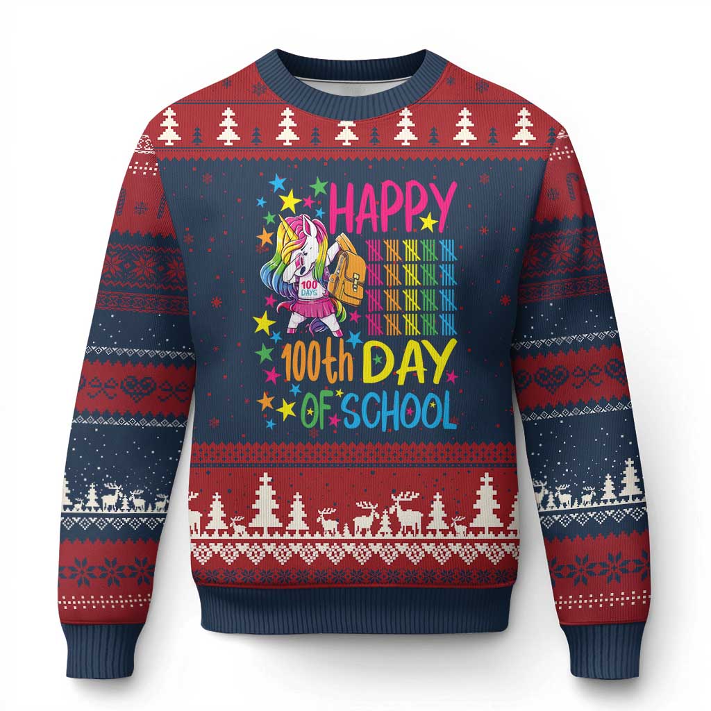 Happy 100th Day of School Unicorn Ugly Christmas Sweater Magical Girls Celebration Gift TS01 Navy Red Print Your Wear