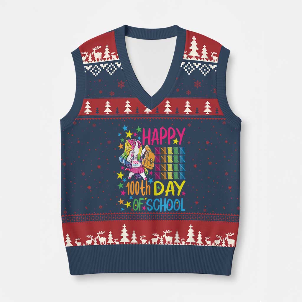 Happy 100th Day of School Unicorn V-Neck Knit Sweater Vest Magical Girls Celebration Gift