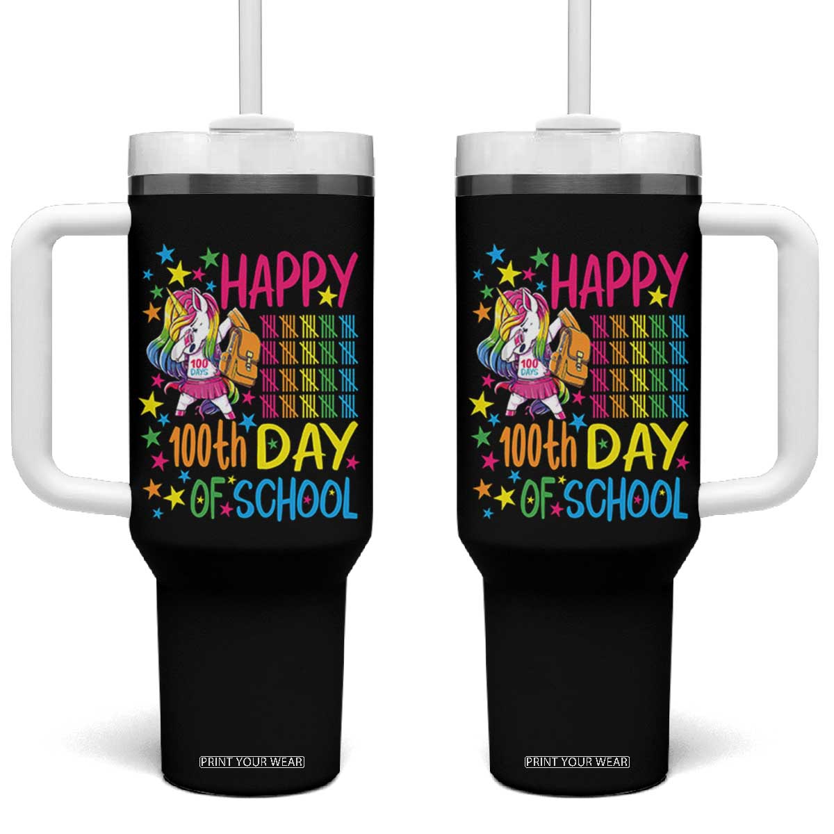 Happy 100th Day of School Unicorn Tumbler With Handle Magical Girls Celebration Gift