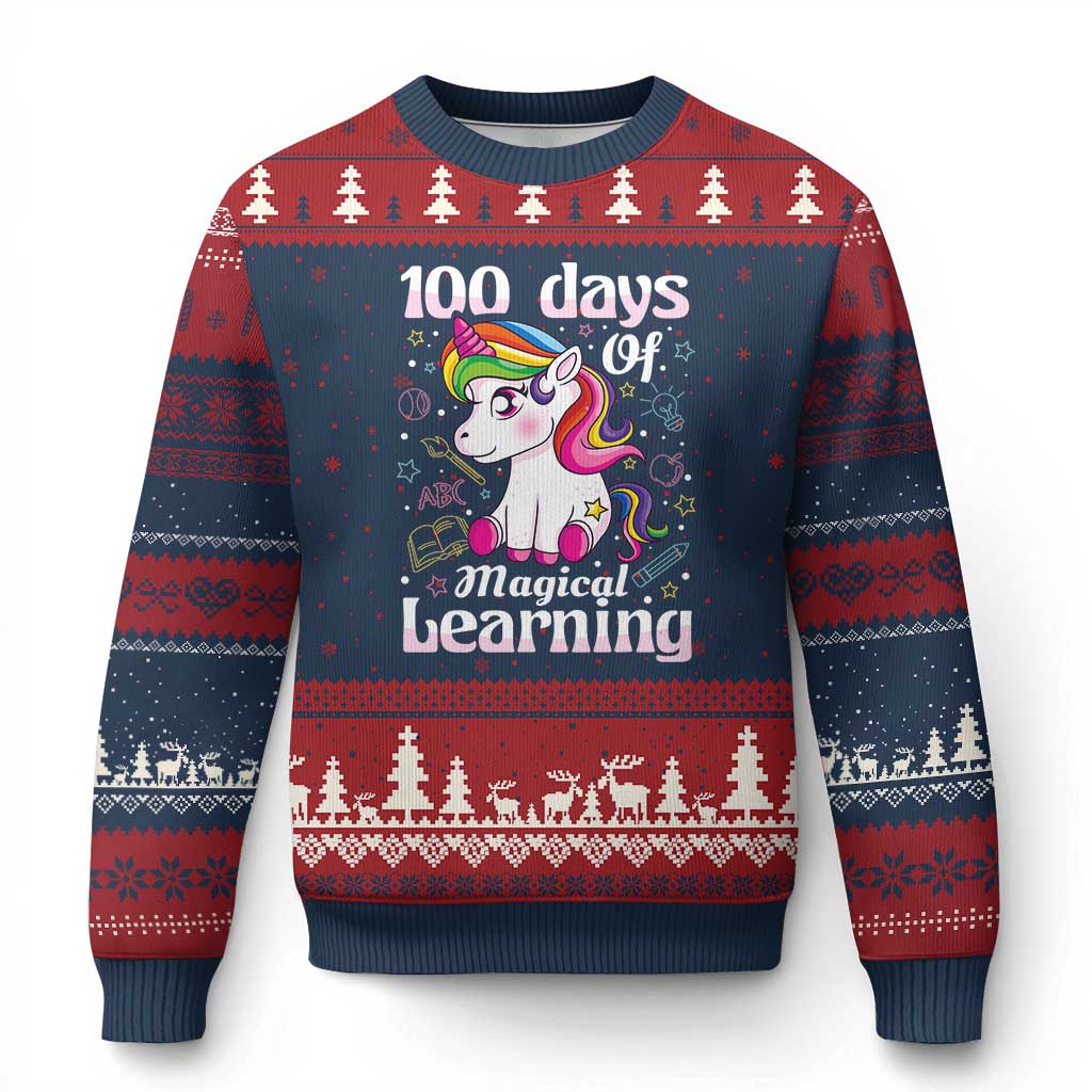 Magical Unicorn 100th Day of School Ugly Christmas Sweater Cute Girls Celebration Gift TS01 Navy Red Print Your Wear