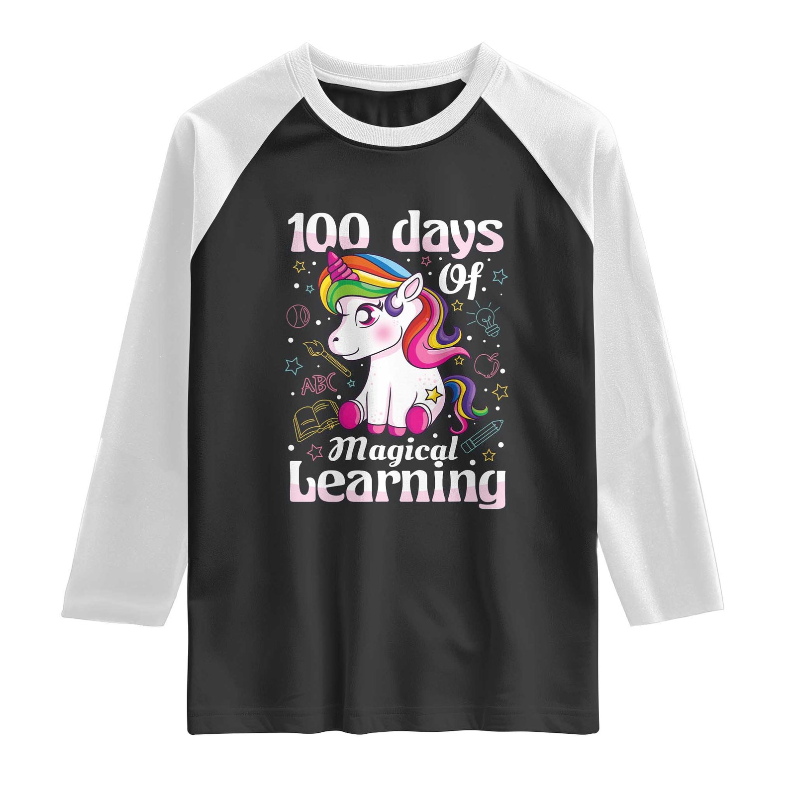 Magical Unicorn 100th Day of School Raglan Shirt Cute Girls Celebration Gift TS01 Black White Print Your Wear