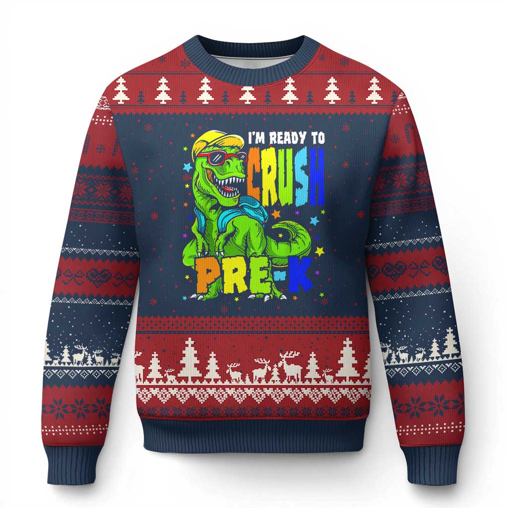 I am Ready To Crush Pre-K Dinosaur Ugly Christmas Sweater Cool First Day of School Boy TS01 Navy Red Print Your Wear