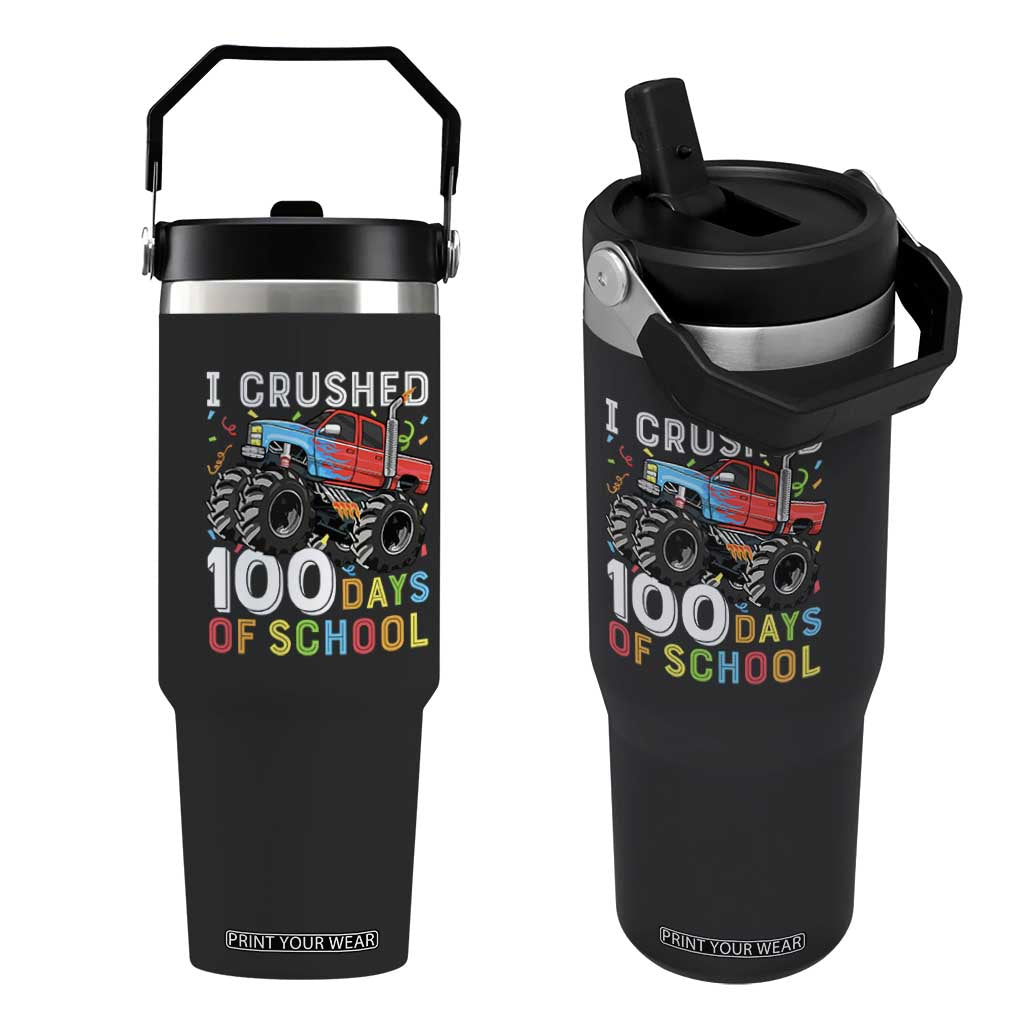 100 Days of School Monster Truck Flip Straw Tumbler Boys Crushing 100th Day Milestone