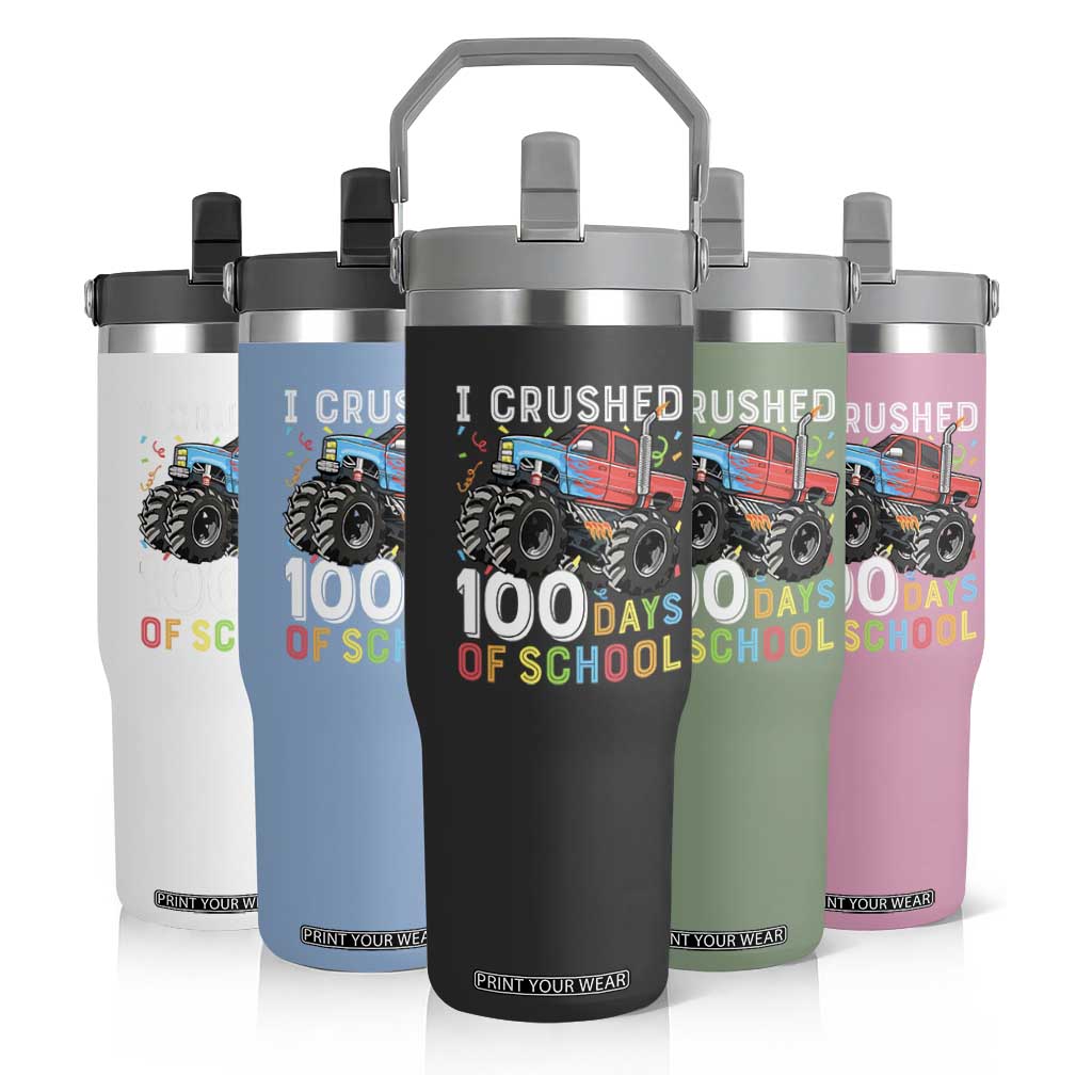 100 Days of School Monster Truck Flip Straw Tumbler Boys Crushing 100th Day Milestone