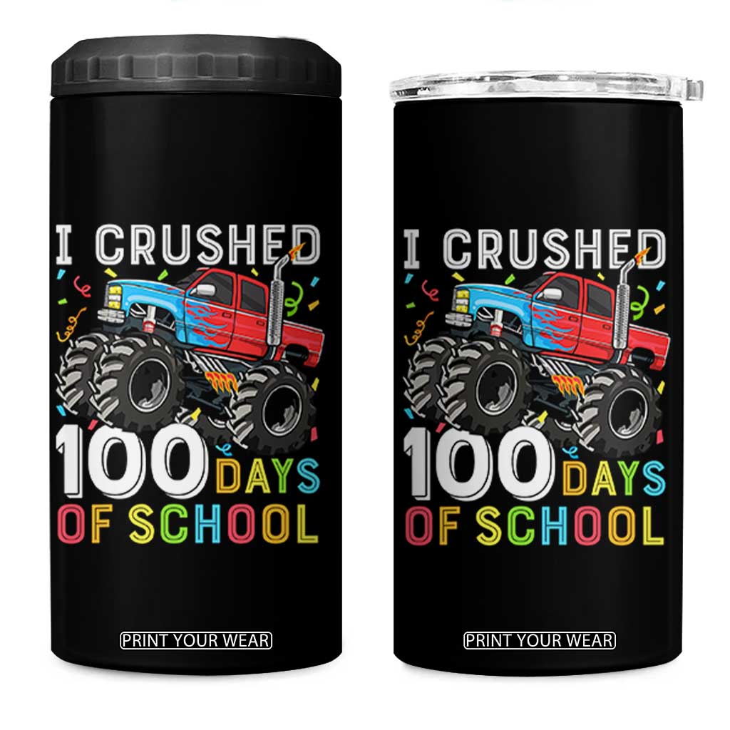 100 Days of School Monster Truck 4 in 1 Can Cooler Tumbler Boys Crushing 100th Day Milestone