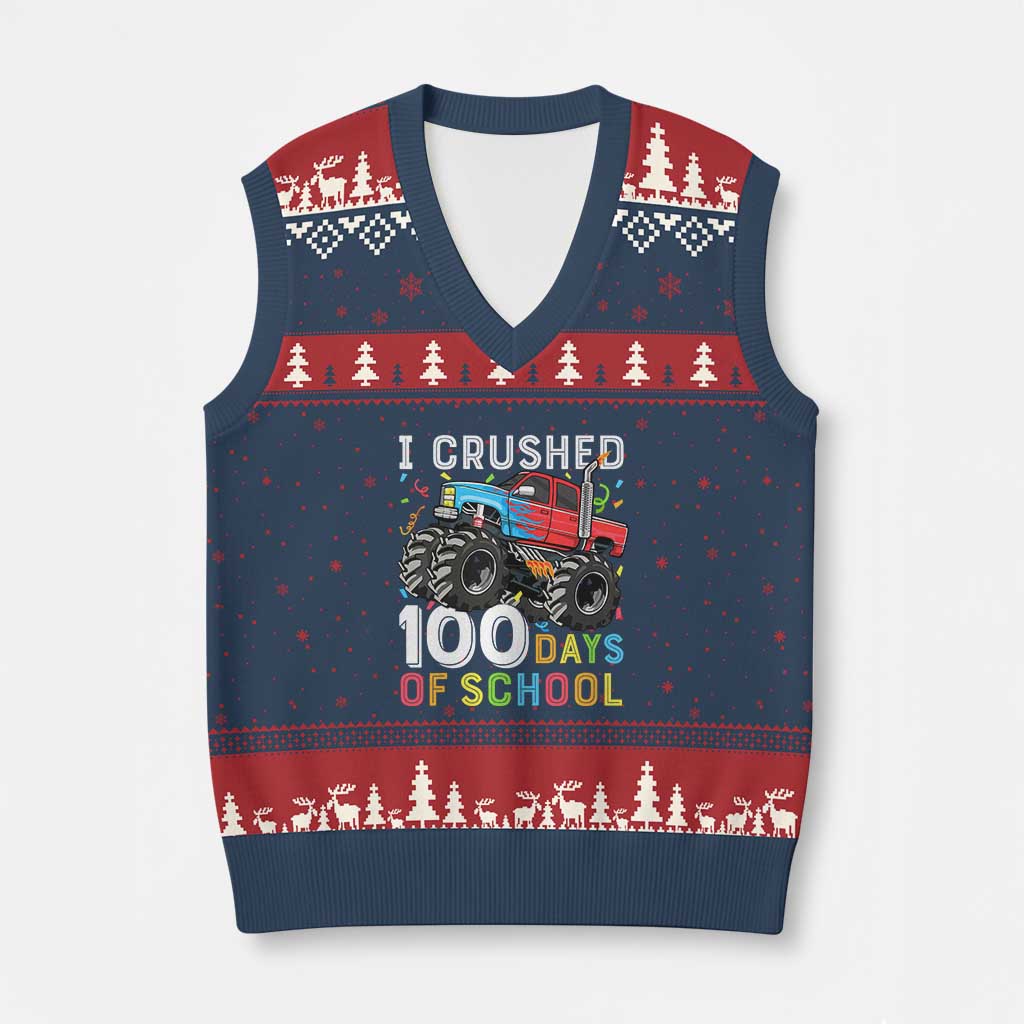 100 Days of School Monster Truck V-Neck Knit Sweater Vest Boys Crushing 100th Day Milestone