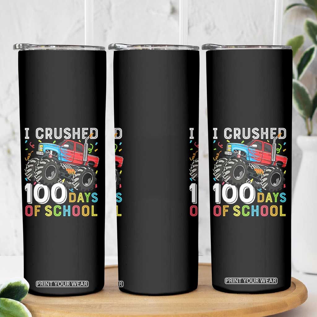 100 Days of School Monster Truck Skinny Tumbler Boys Crushing 100th Day Milestone
