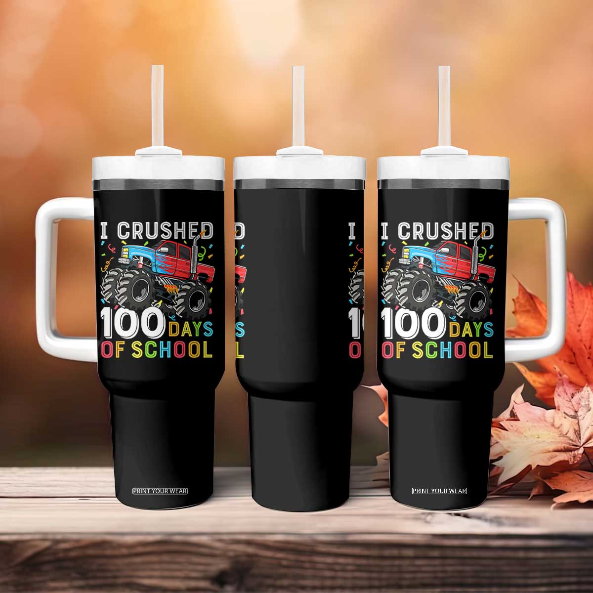 100 Days of School Monster Truck Tumbler With Handle Boys Crushing 100th Day Milestone
