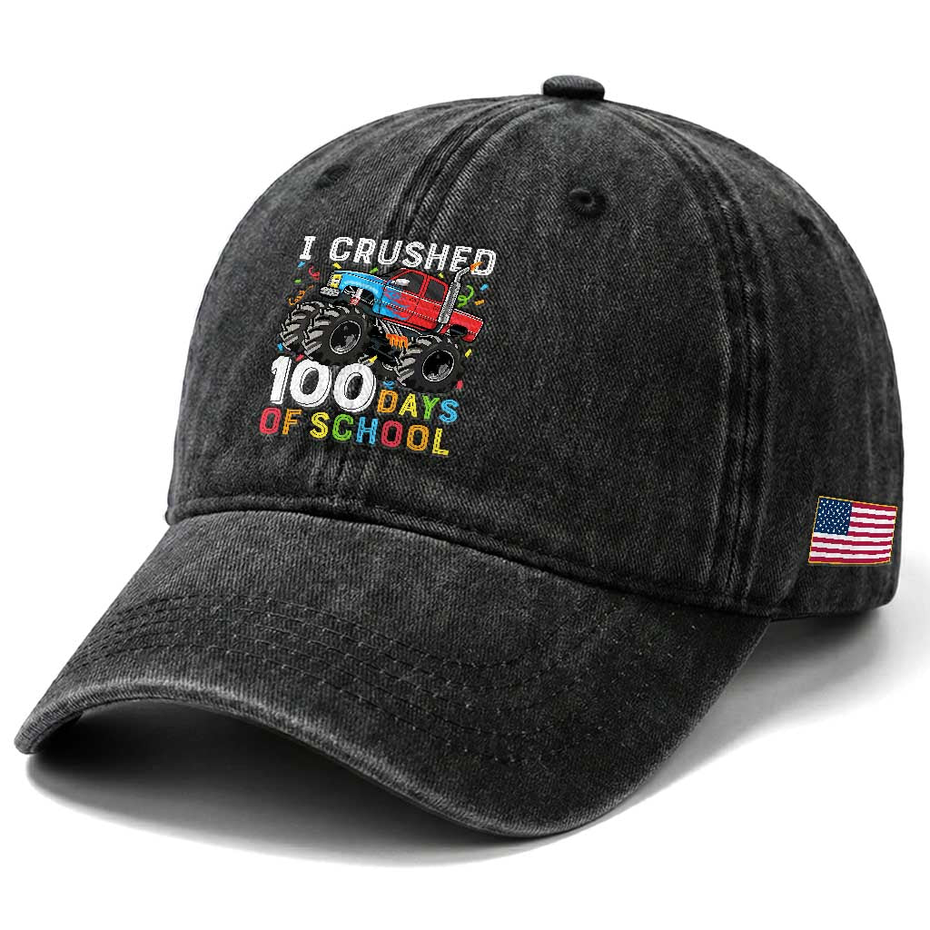 100 Days of School Monster Truck Washed Cotton Baseball Cap Boys Crushing 100th Day Milestone