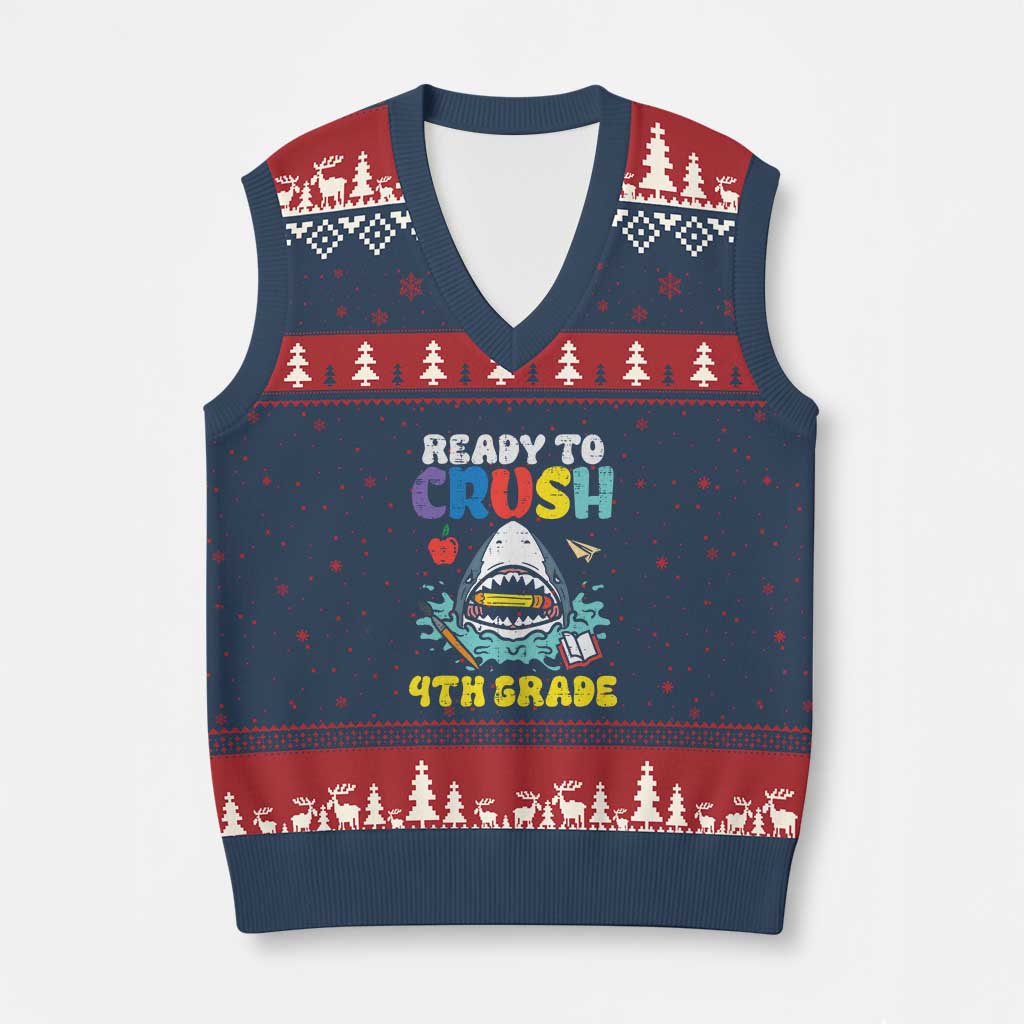 Shark Ready To Crush 4th Grade V-Neck Knit Sweater Vest Cool Boys First Day of School Gift TS01 Navy Red Print Your Wear