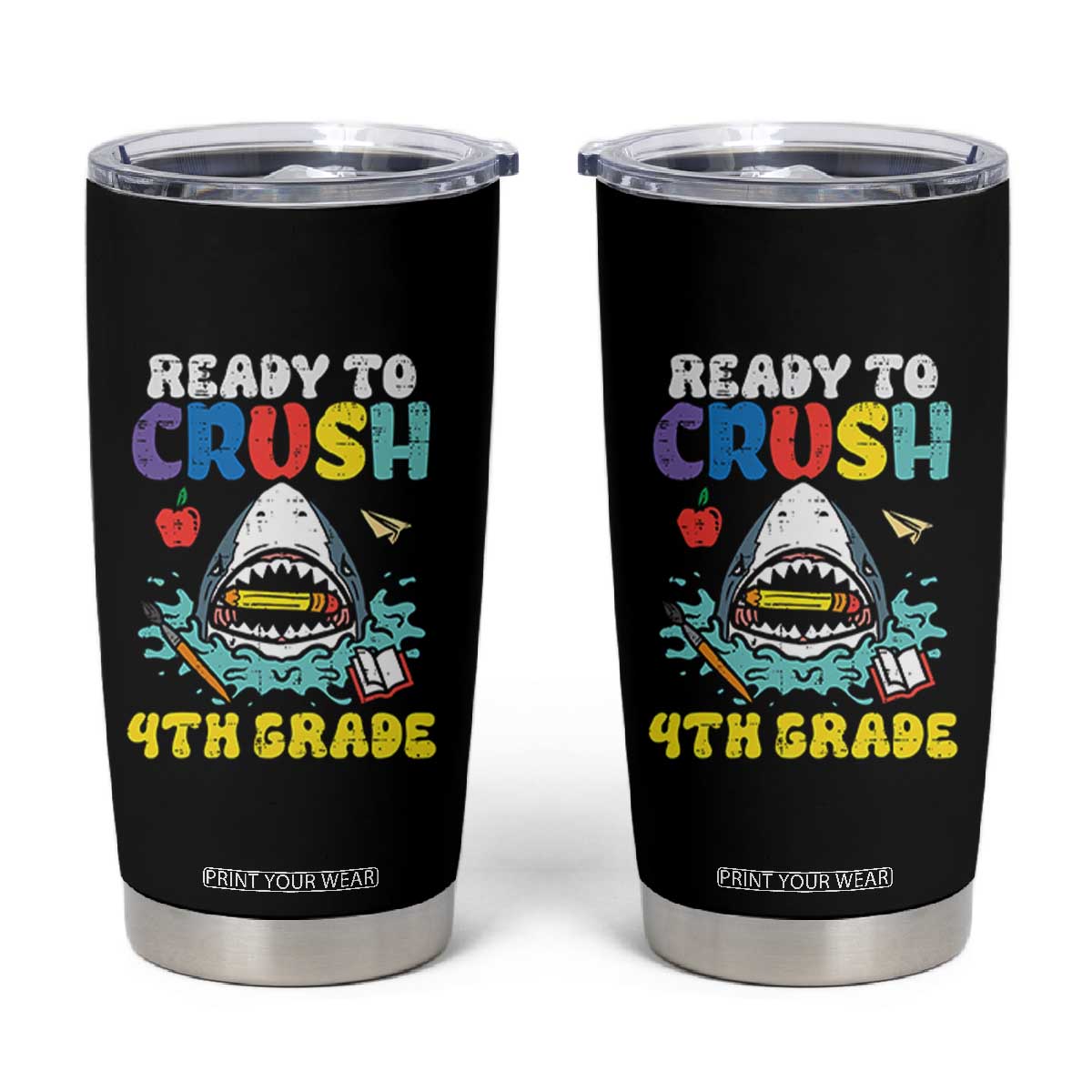 Shark Ready To Crush 4th Grade Tumbler Cup Cool Boys First Day of School Gift