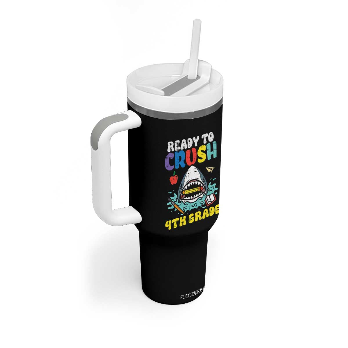 Shark Ready To Crush 4th Grade Tumbler With Handle Cool Boys First Day of School Gift