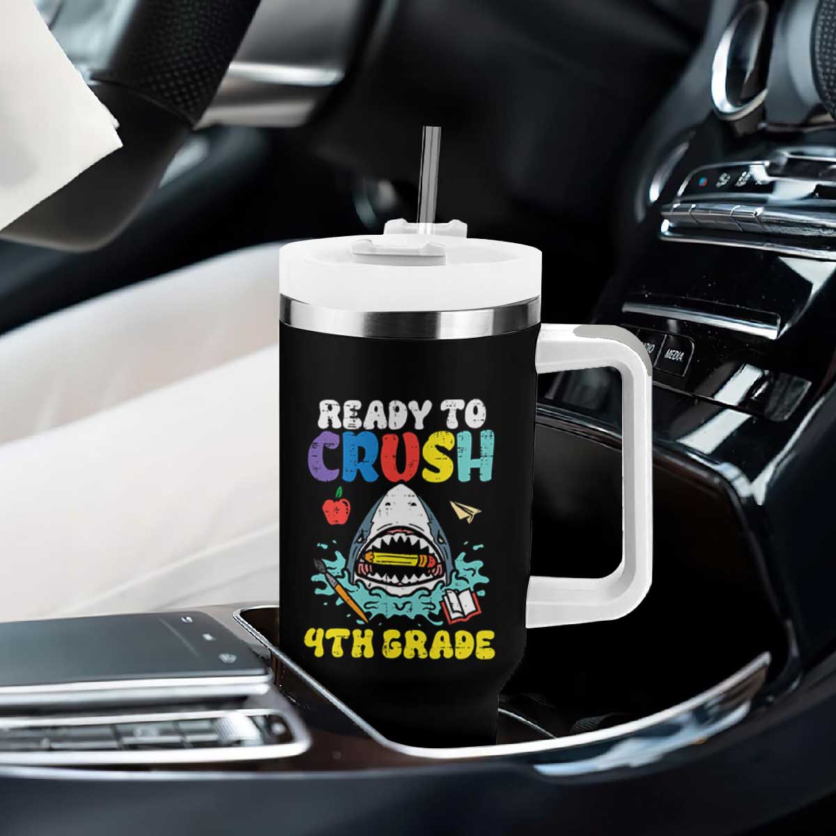 Shark Ready To Crush 4th Grade Tumbler With Handle Cool Boys First Day of School Gift
