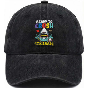 Shark Ready To Crush 4th Grade Washed Cotton Baseball Cap Cool Boys First Day of School Gift