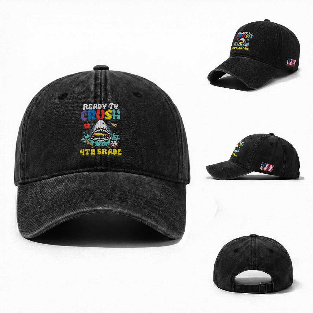 Shark Ready To Crush 4th Grade Washed Cotton Baseball Cap Cool Boys First Day of School Gift