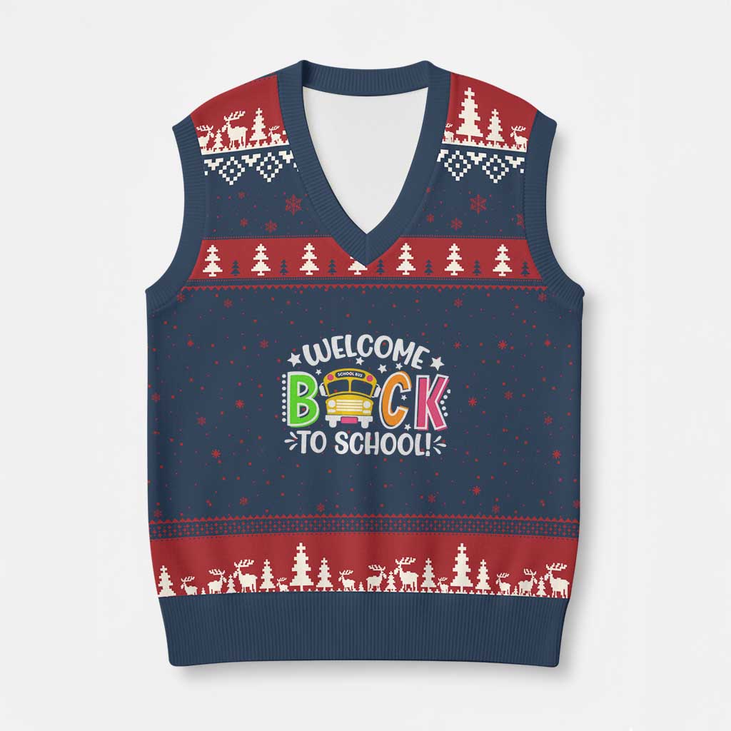 Welcome Back to School Bus Driver V-Neck Knit Sweater Vest First Day for School Gifts TS01 Navy Red Print Your Wear