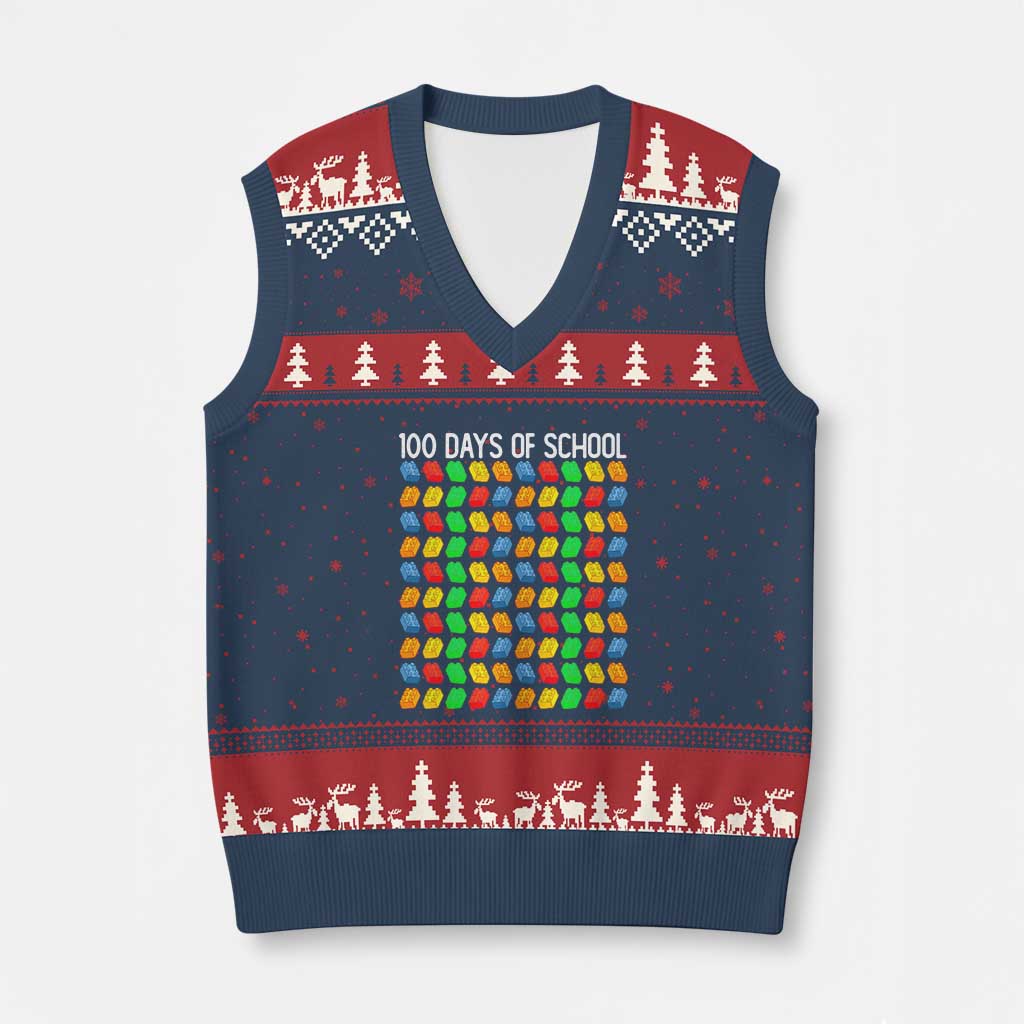 Master Builder 100 Days of School V-Neck Knit Sweater Vest Funny Toy Building Blocks Gift TS01 Navy Red Print Your Wear