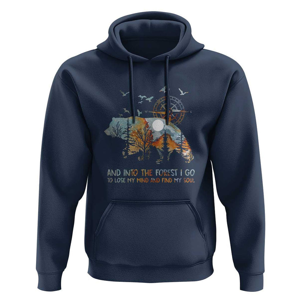 And Into the Forest I Go - Nature Lover Outdoor Adventure Hoodie Wilderness Compass & Bear Design TS01 Navy Print Your Wear