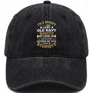 Grumpy Old Veteran Washed Cotton Baseball Cap Funny Patriotic Military USA Veteran TS01 Washed Cap Universal Fit Black Print Your Wear