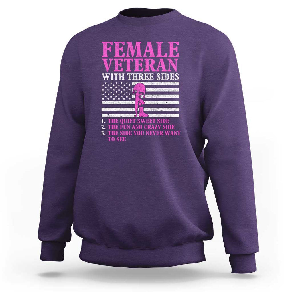 Female Veteran Sweatshirt - Three Sides: Veteran, Mother, Grandma - Proud Women's Military TS01 Purple Print Your Wear