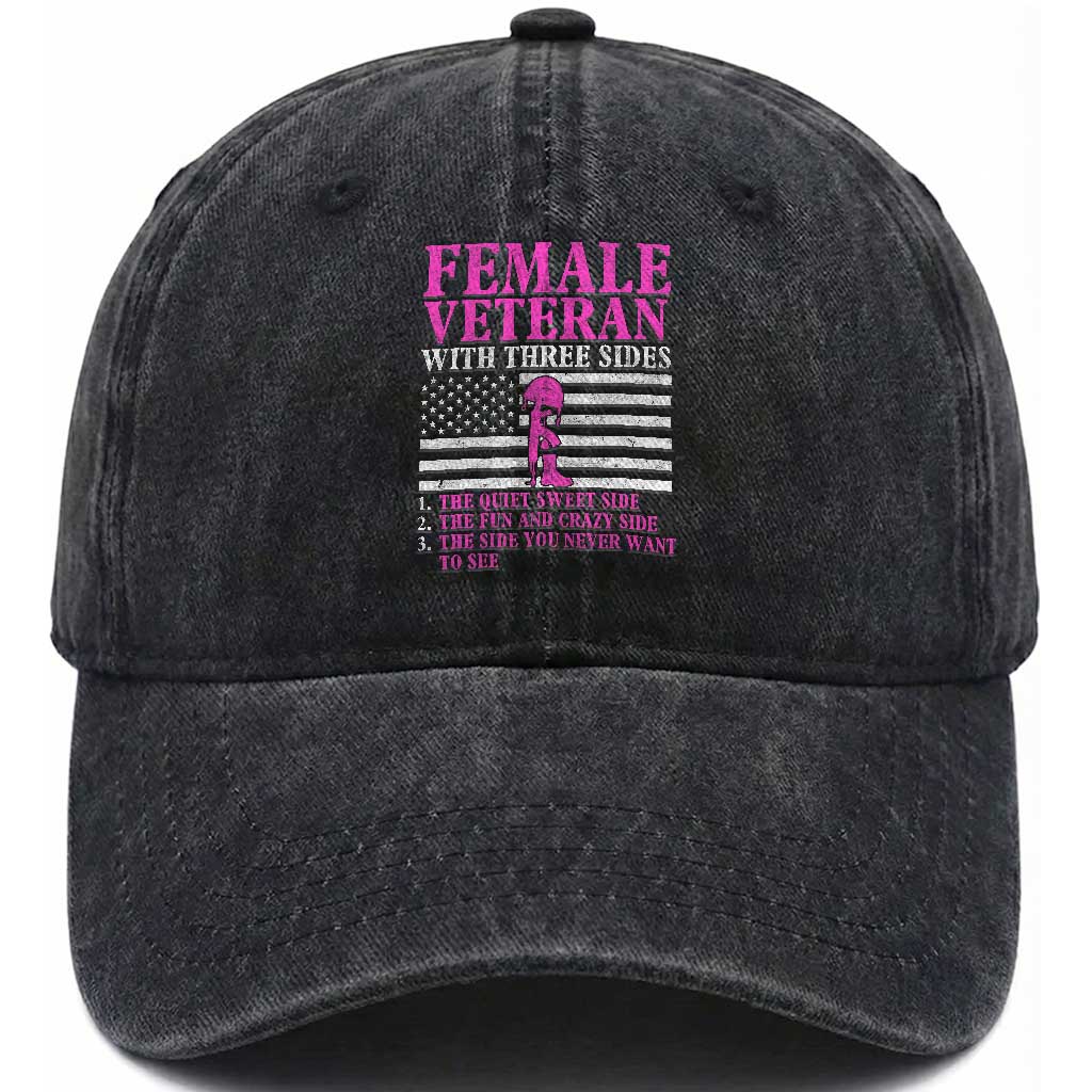 Proud Female Veteran Washed Cotton Baseball Cap Three Sides Veteran Mother Grandma Women Military TS01 Washed Cap Universal Fit Black Print Your Wear