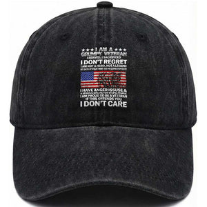 I Am a Grumpy Veteran Washed Cotton Baseball Cap Proud Military Veteran - Don't Care Patriotic TS01 Washed Cap Universal Fit Black Print Your Wear