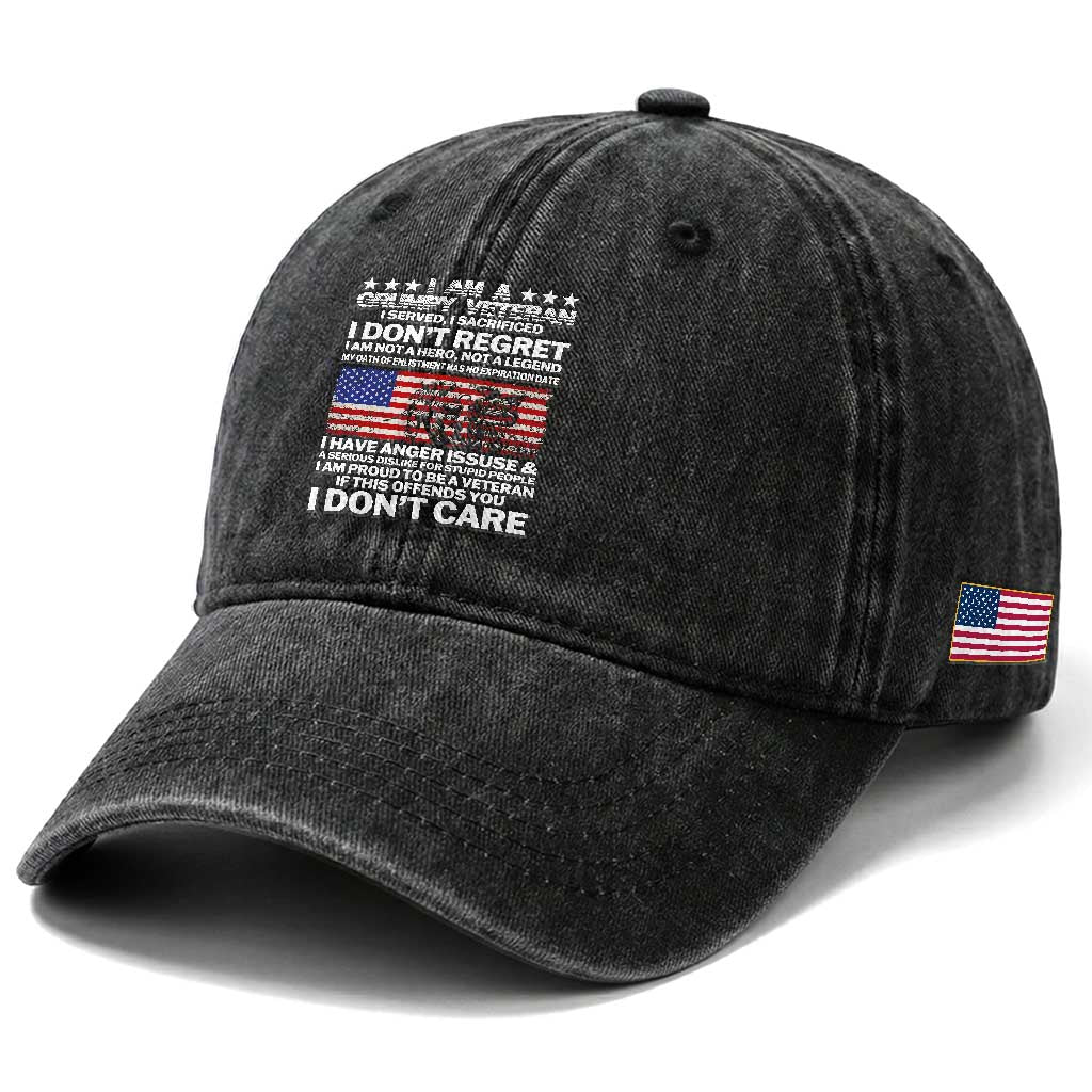I Am a Grumpy Veteran Washed Cotton Baseball Cap Proud Military Veteran - Don't Care Patriotic TS01 Print Your Wear
