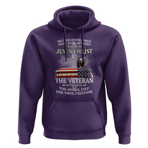 Two Defining Forces Have Ever Offered to Die for You - Military Veteran & Jesus Tribute Hoodie TS01 Purple Print Your Wear