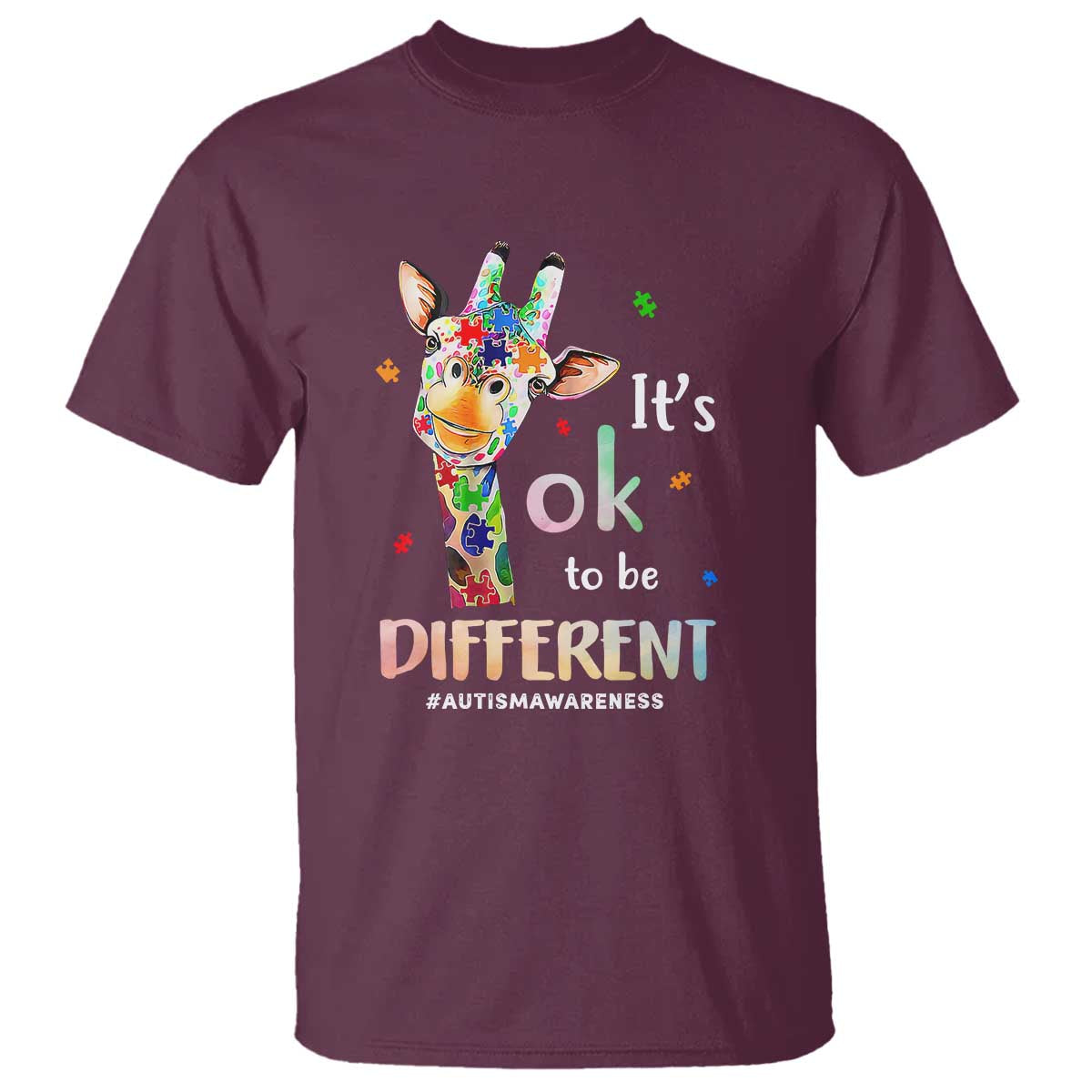 Giraffe Autism T Shirt It's Ok To Be Different Jigsaw Puzzle TS01 Maroon Printyourwear