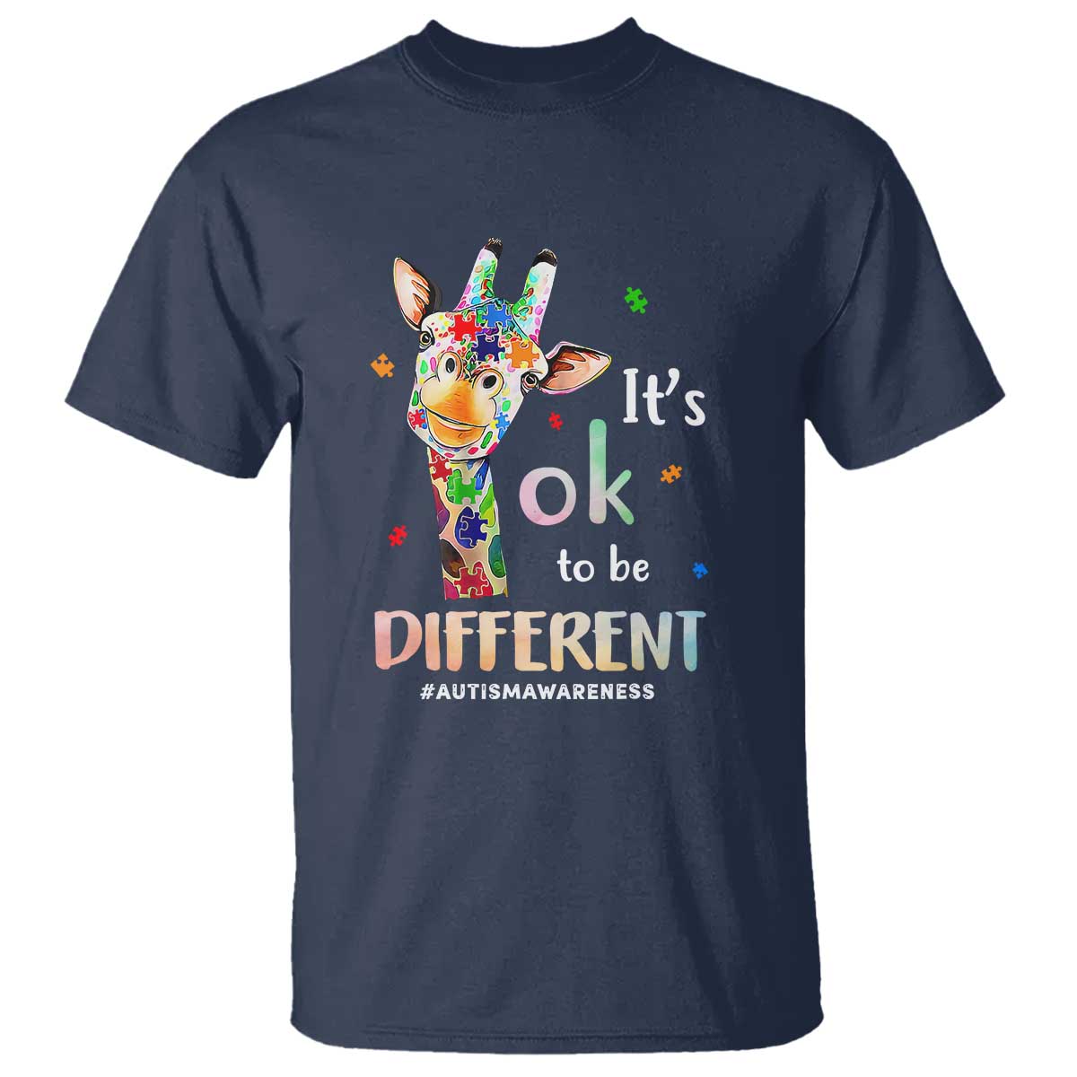 Giraffe Autism T Shirt It's Ok To Be Different Jigsaw Puzzle TS01 Navy Printyourwear