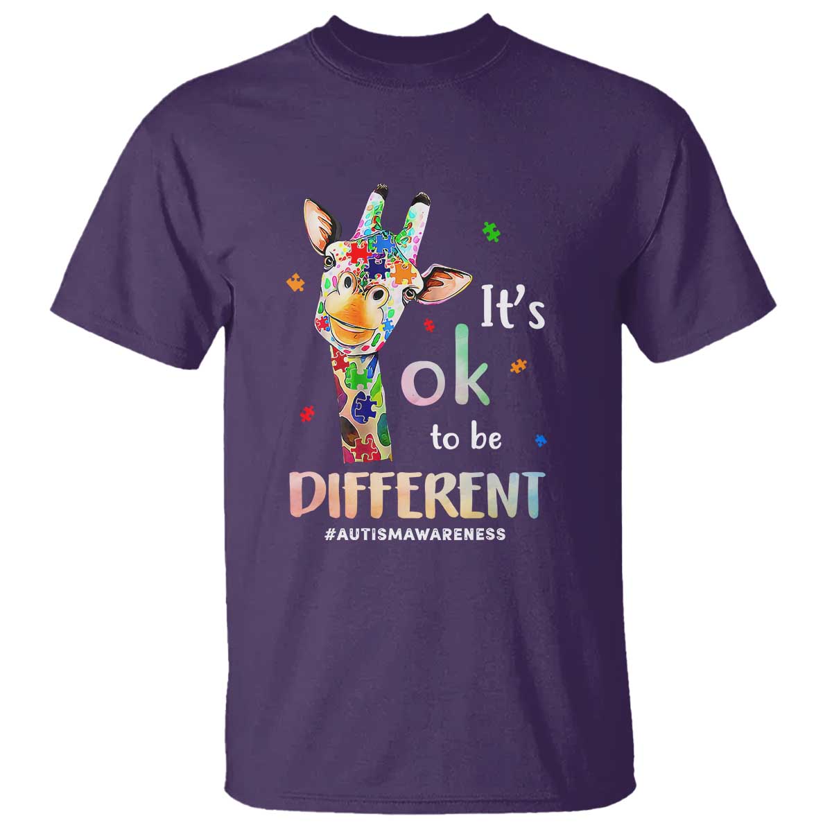 Giraffe Autism T Shirt It's Ok To Be Different Jigsaw Puzzle TS01 Purple Printyourwear