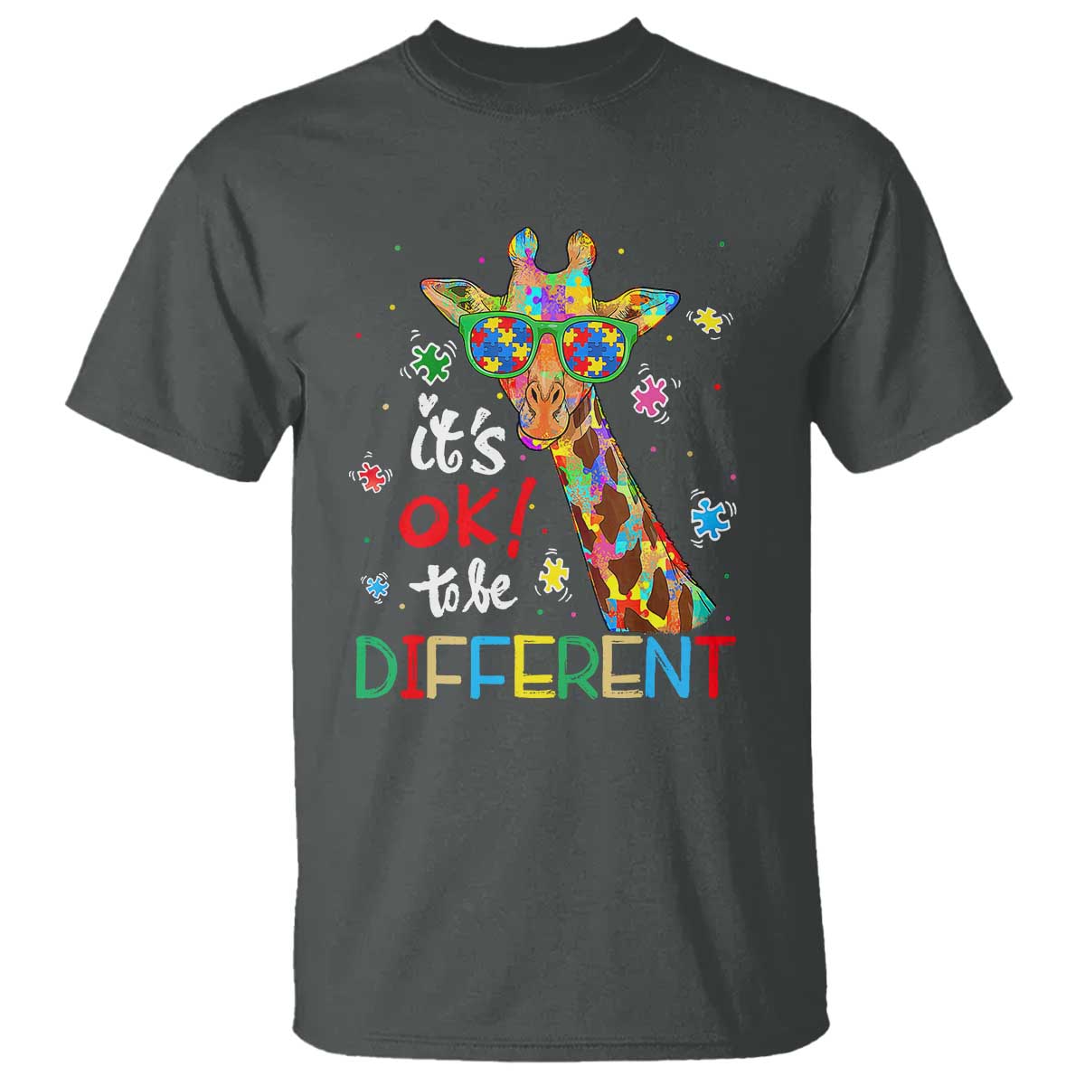 Giraffe Autism T Shirt It's Ok To Be Different TS01 Dark Heather Printyourwear