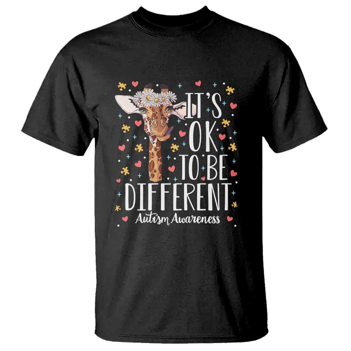Giraffe Autism T Shirt Its Ok To Be Different Cute Floral TS01 Black Printyourwear