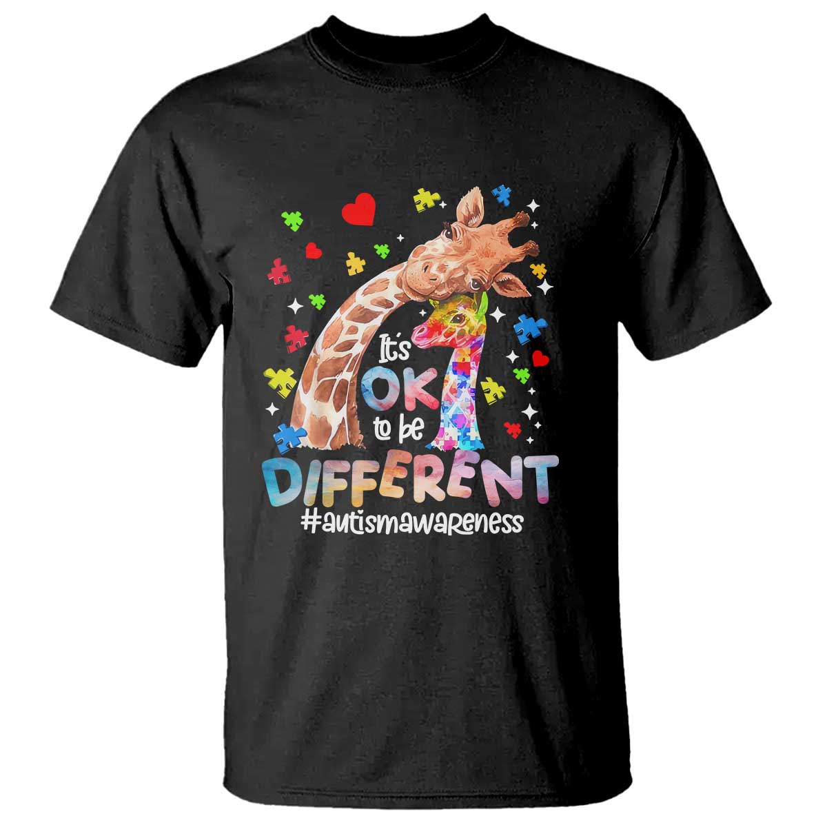 Giraffe Autism T Shirt It's Ok To Be Different Cute Mom And Baby TS01 Black Printyourwear