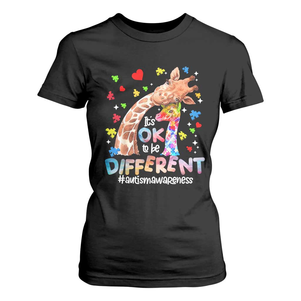 Giraffe Autism T Shirt For Women It's Ok To Be Different Cute Mom And Baby TS01 Black Printyourwear