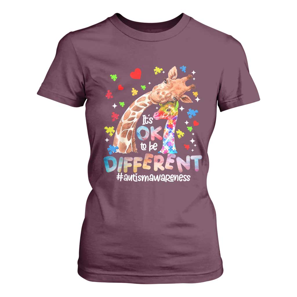Giraffe Autism T Shirt For Women It's Ok To Be Different Cute Mom And Baby TS01 Maroon Printyourwear
