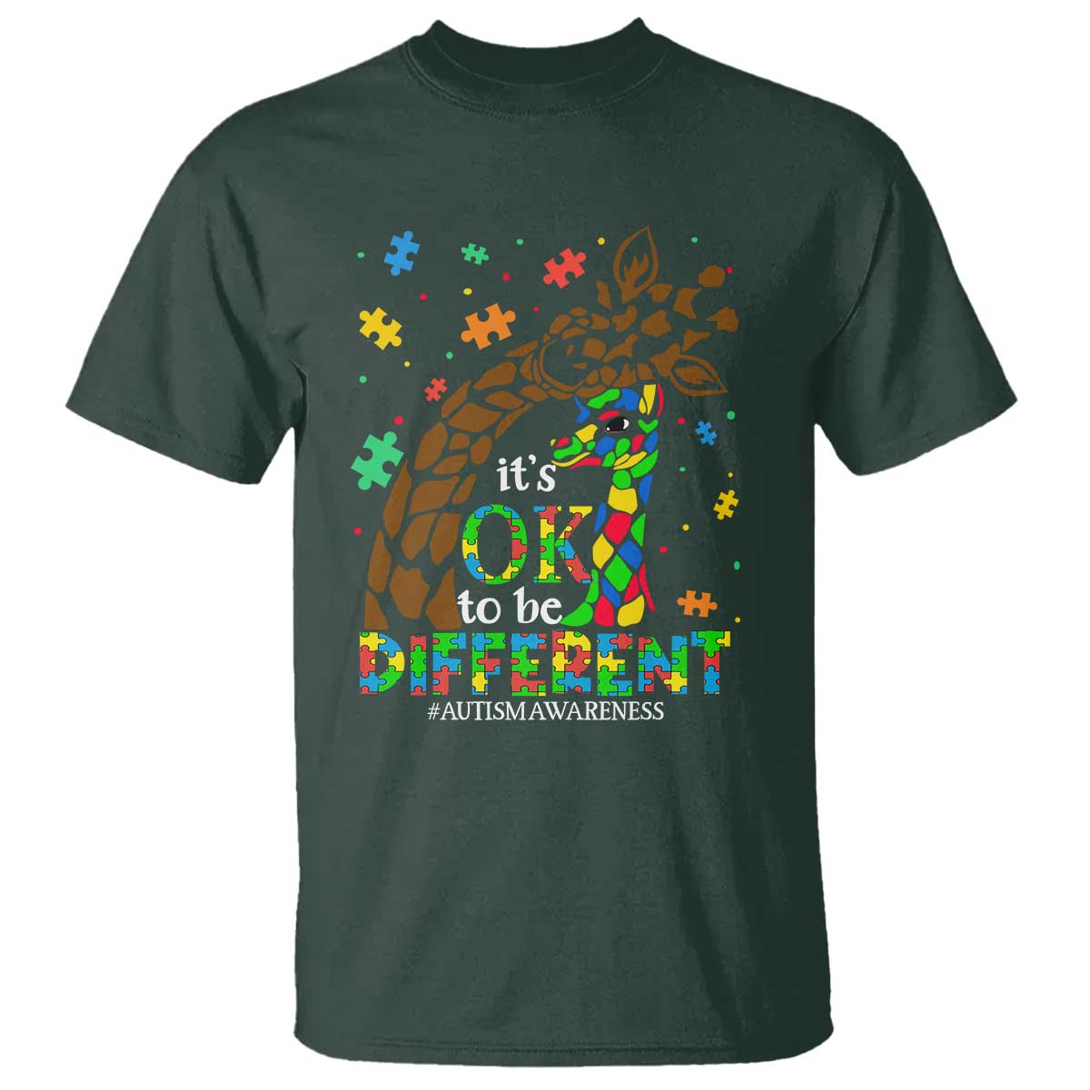 Giraffe Autism T Shirt Its Ok To Be Different Giraffe Mom And Baby TS01 Dark Forest Green Printyourwear