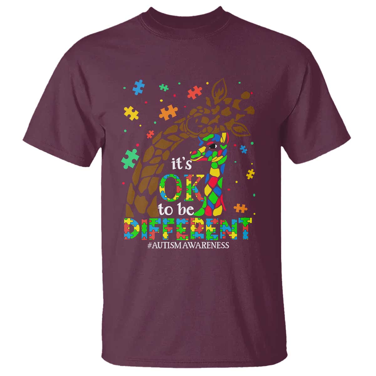 Giraffe Autism T Shirt Its Ok To Be Different Giraffe Mom And Baby TS01 Maroon Printyourwear