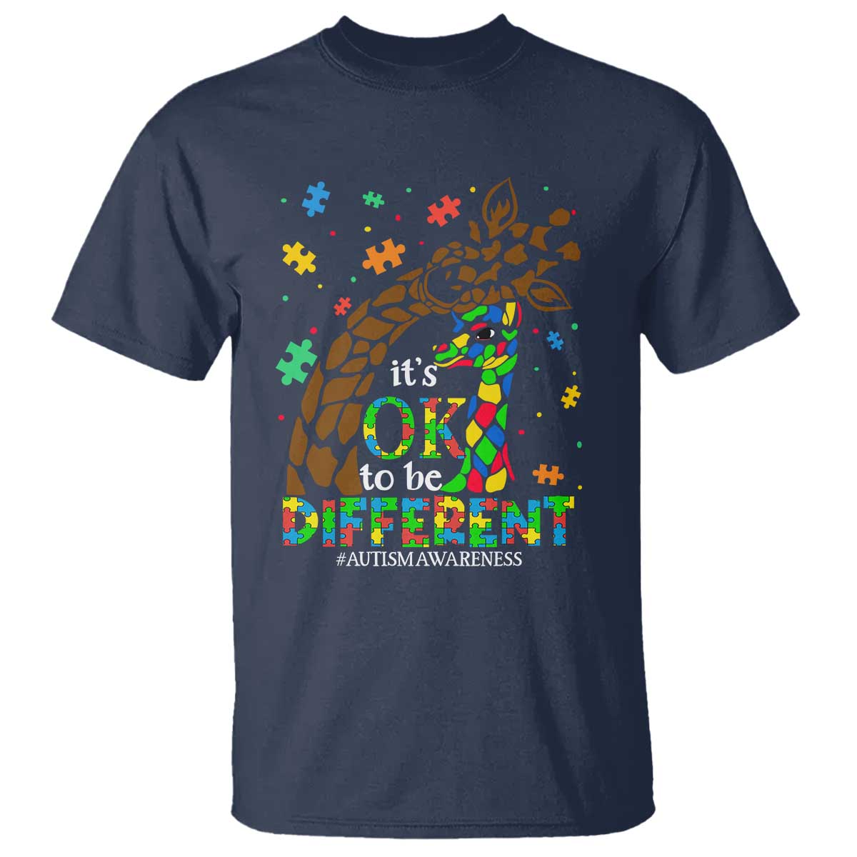 Giraffe Autism T Shirt Its Ok To Be Different Giraffe Mom And Baby TS01 Navy Printyourwear