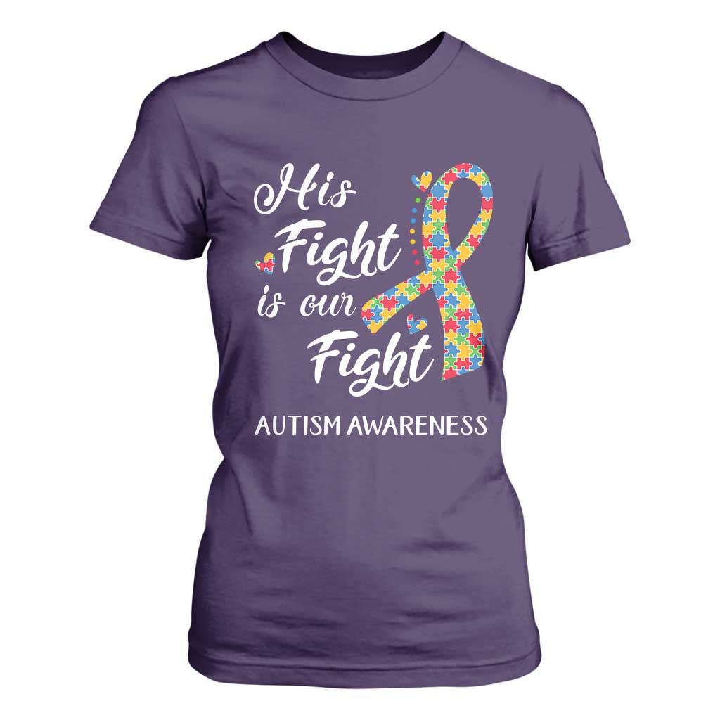 Autism Support T Shirt For Women His Fight is My Fight Jigsaw Puzzle Ribbon TS01 Purple Printyourwear
