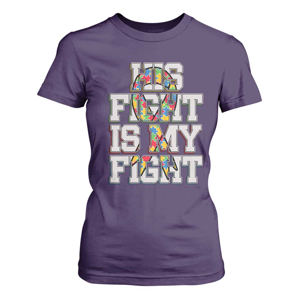 Autism Awarenees T Shirt For Women His Fight Is My Fight Puzzle Ribbon TS01 Purple Printyourwear