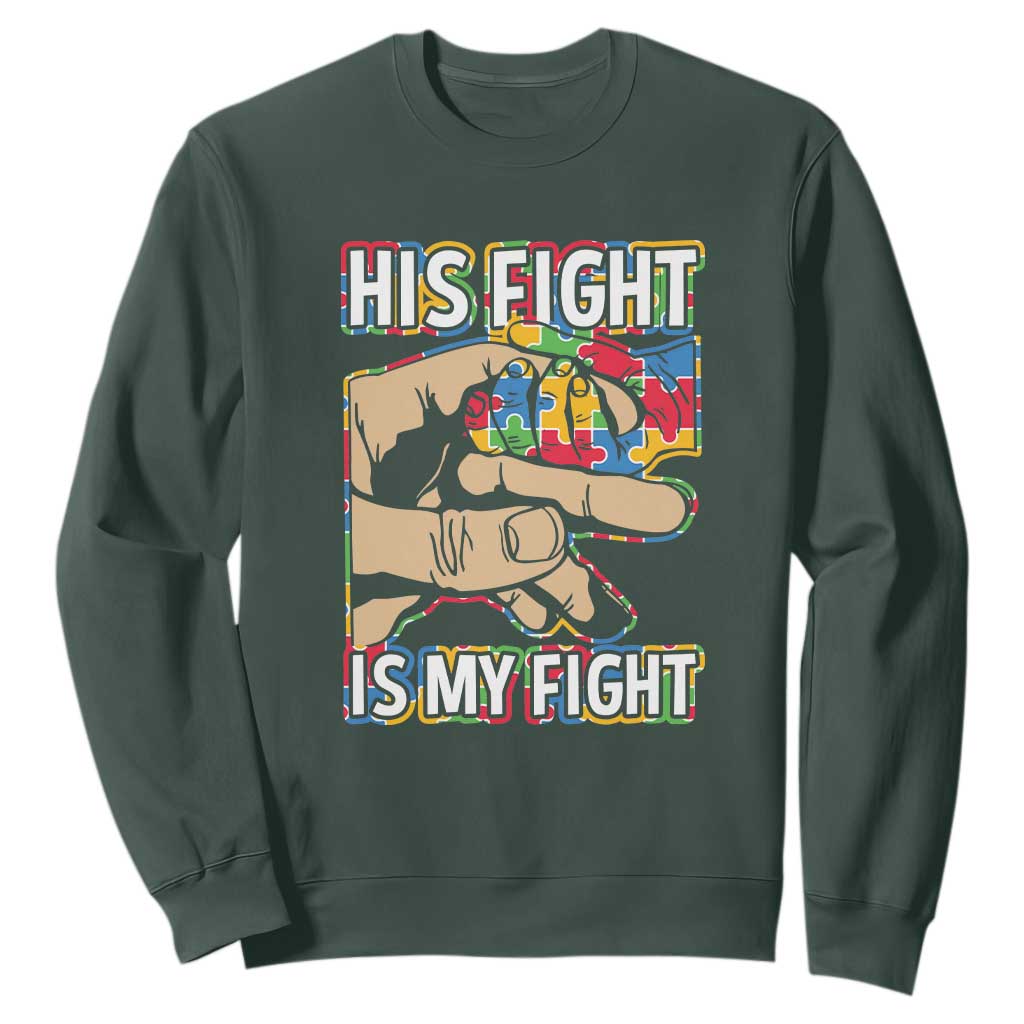 Autism Support Sweatshirt His Fight is My Fight Jigsaw Puzzle Little Hand Holding TS01 Dark Forest Green Printyourwear