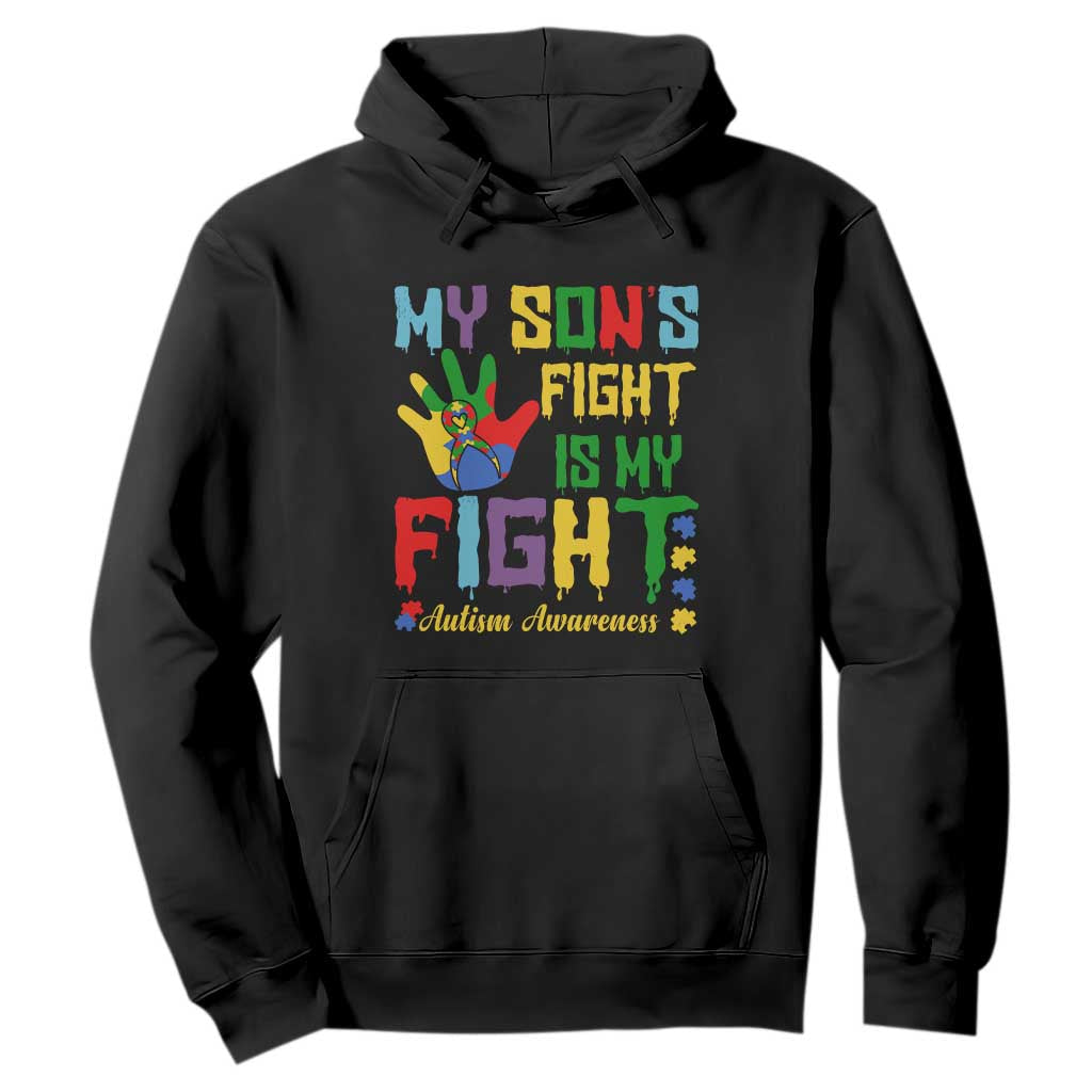 Autism Parents Hoodie My Son Fight Is My Fight Family Support Puzzle Ribbon TS01 Black Printyourwear
