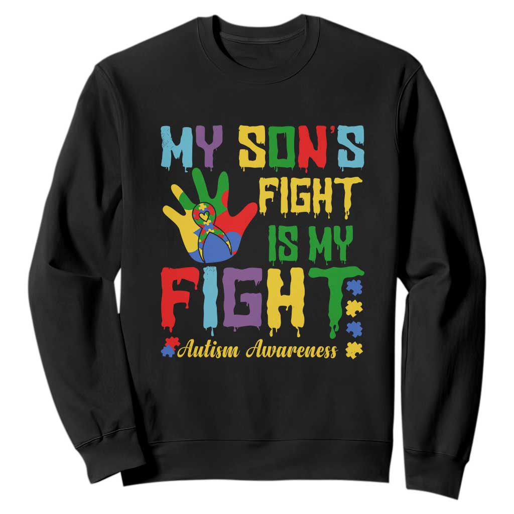 Autism Parents Sweatshirt My Son Fight Is My Fight Family Support Puzzle Ribbon TS01 Black Printyourwear