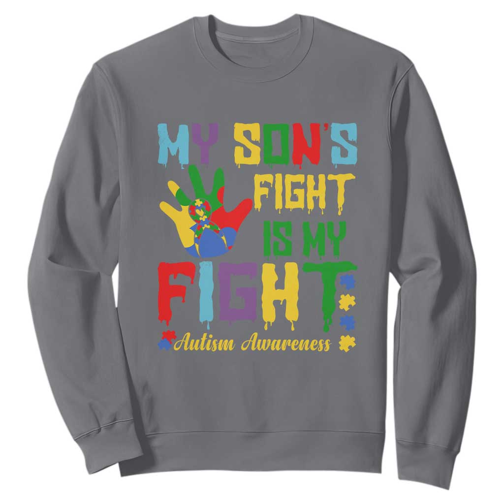 Autism Parents Sweatshirt My Son Fight Is My Fight Family Support Puzzle Ribbon TS01 Charcoal Printyourwear