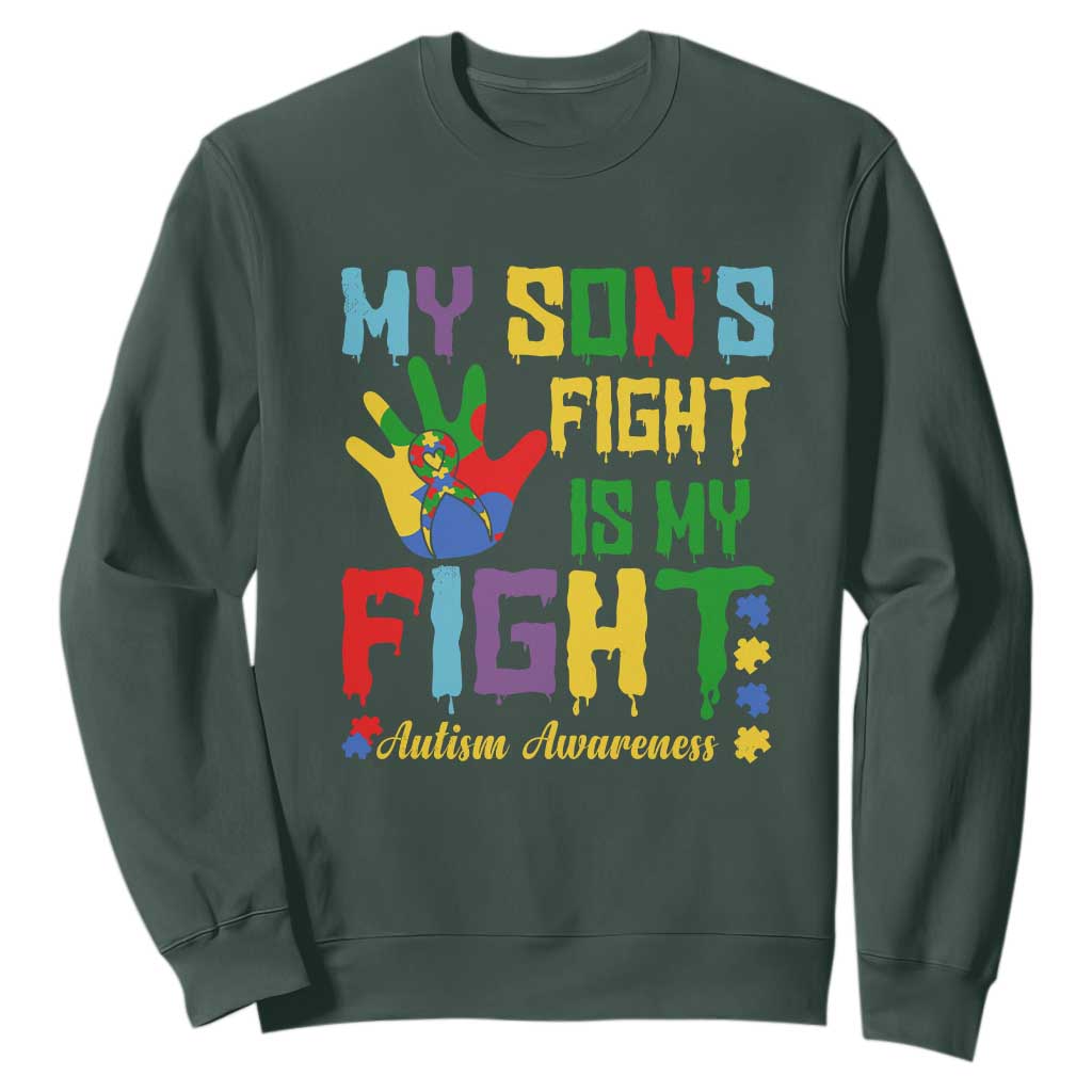 Autism Parents Sweatshirt My Son Fight Is My Fight Family Support Puzzle Ribbon TS01 Dark Forest Green Printyourwear
