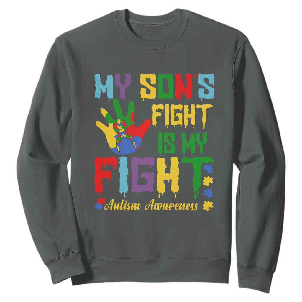 Autism Parents Sweatshirt My Son Fight Is My Fight Family Support Puzzle Ribbon TS01 Dark Heather Printyourwear